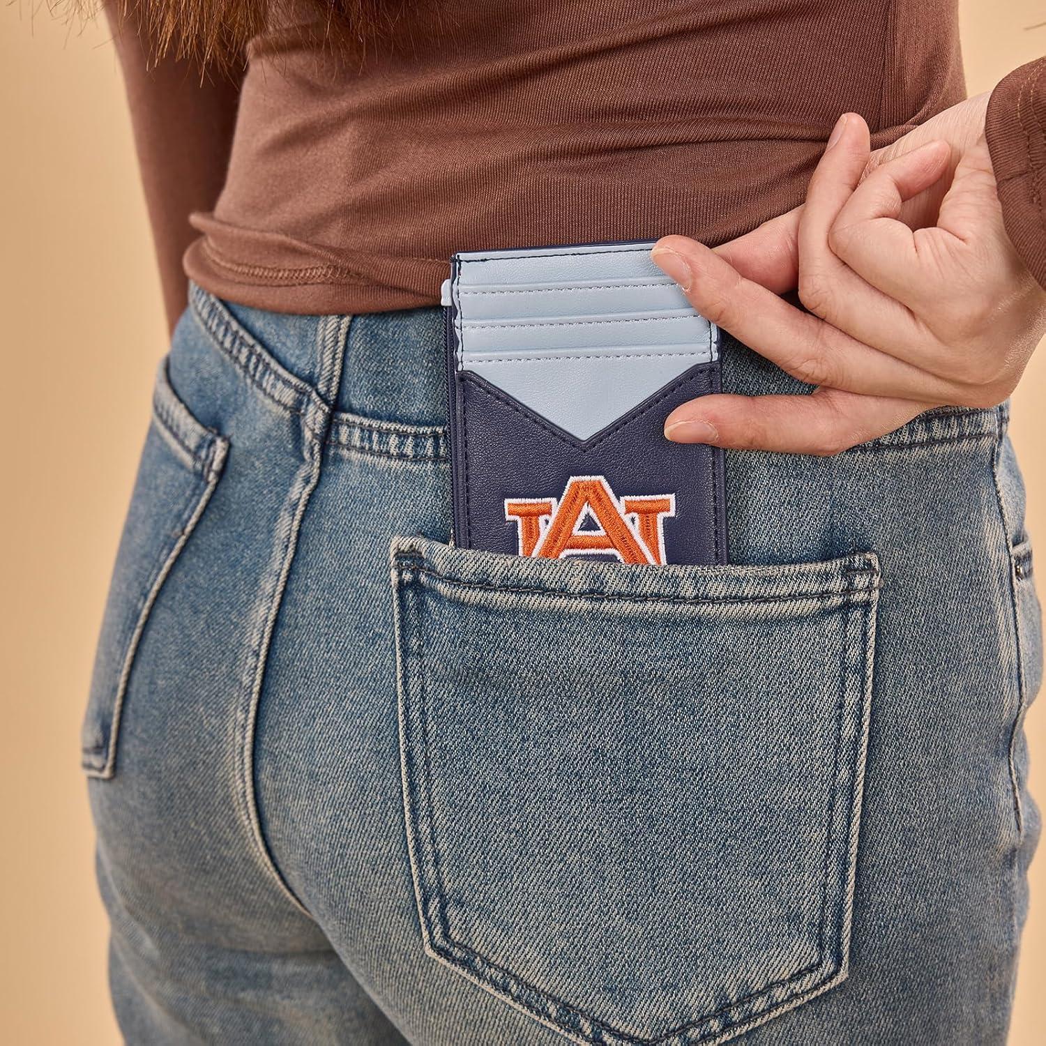 imageNCAA Licensed Slim RFID Blocking Card Holder Official Arkansas Razorbacks Slim Wallet with Keychain Leather Wallets Compact Comfortable Officially Licensed Stamped Logo Black NCAFU021BKAUNavy Blue