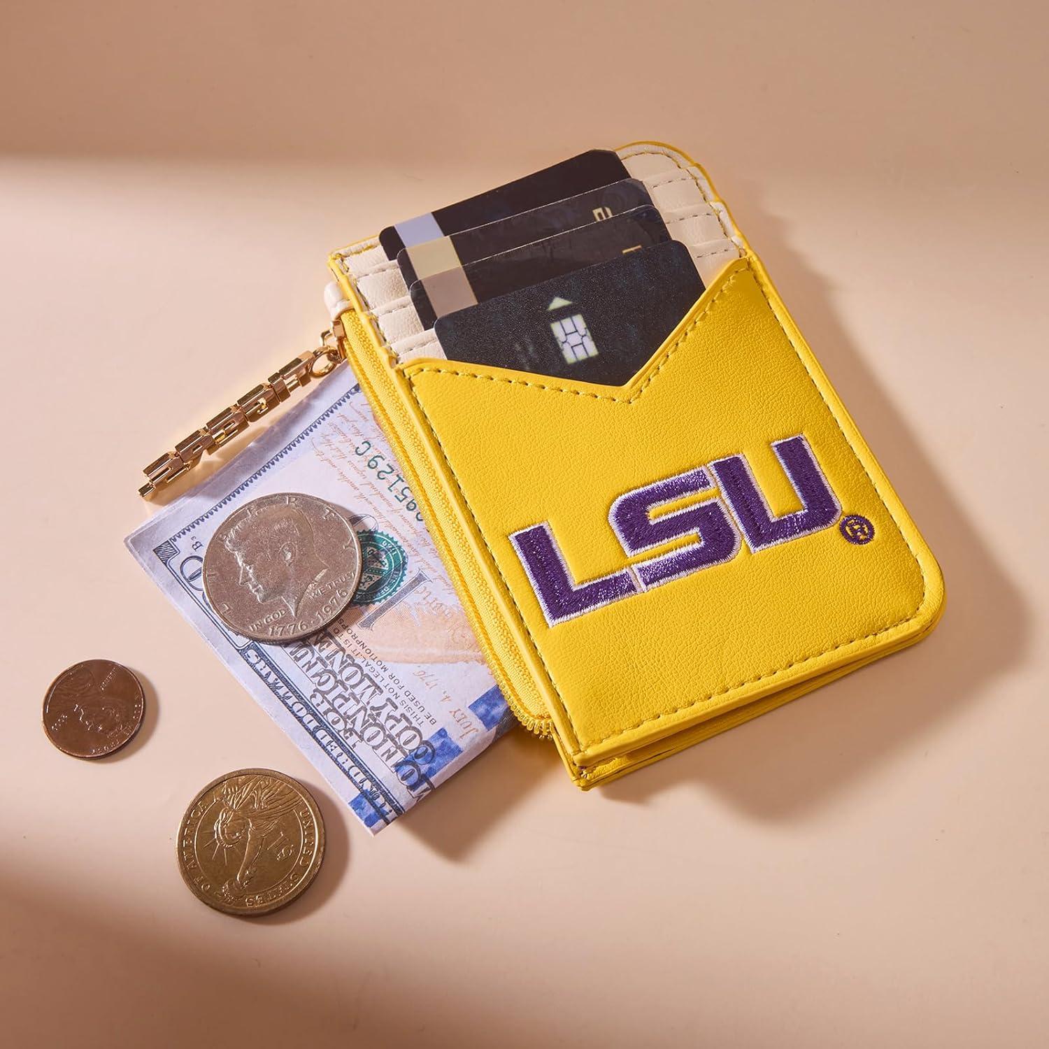 imageNCAA Licensed Slim RFID Blocking Card Holder Official Arkansas Razorbacks Slim Wallet with Keychain Leather Wallets Compact Comfortable Officially Licensed Stamped Logo Black NCAFU021BKLSUYellow