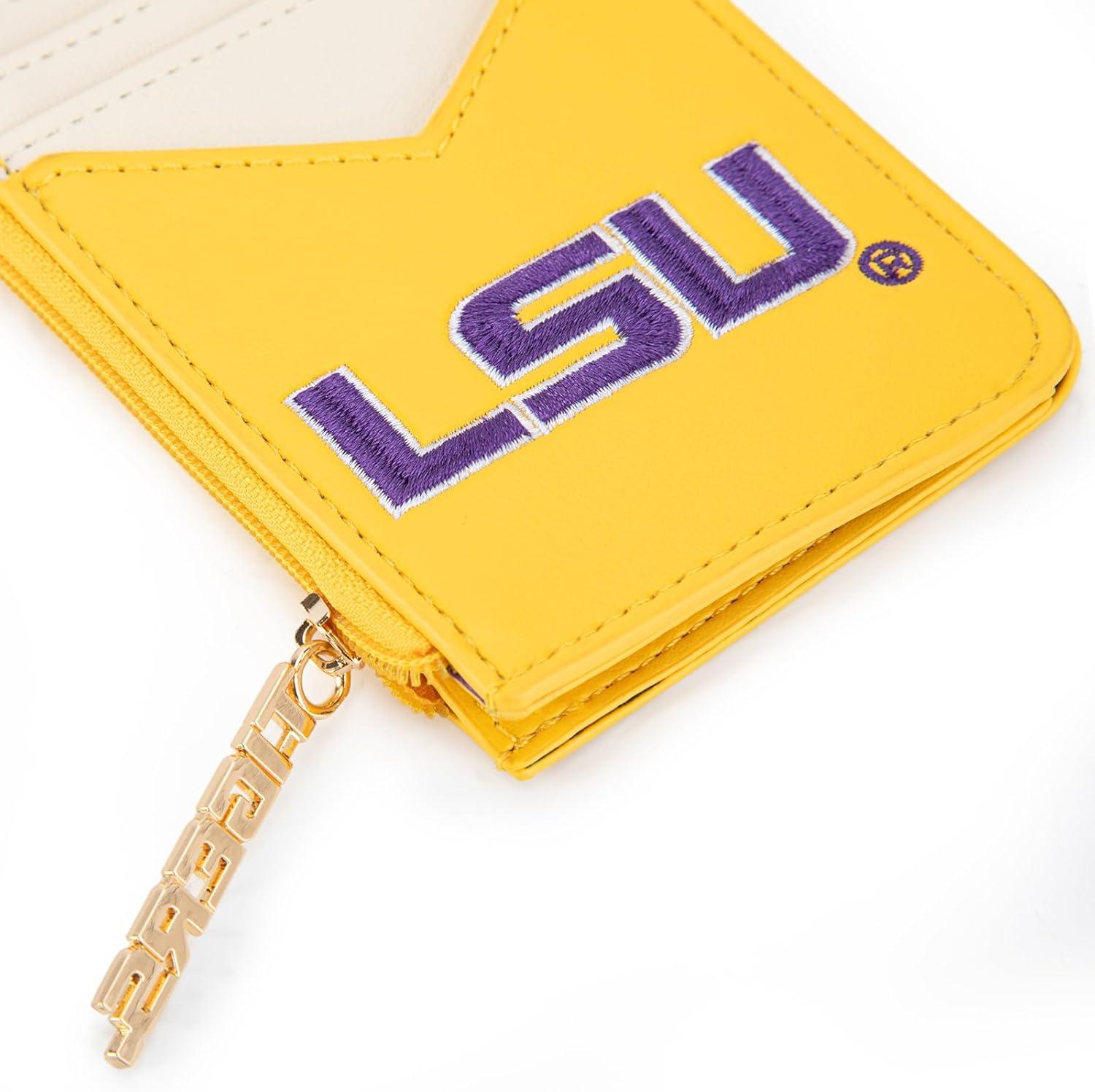 imageNCAA Licensed Slim RFID Blocking Card Holder Official Arkansas Razorbacks Slim Wallet with Keychain Leather Wallets Compact Comfortable Officially Licensed Stamped Logo Black NCAFU021BKLSUYellow