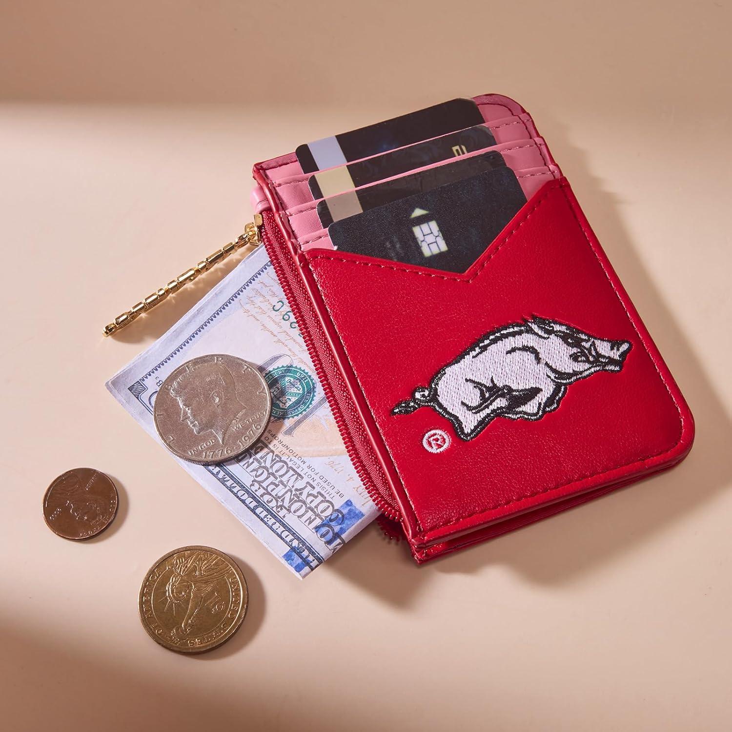 imageNCAA Licensed Slim RFID Blocking Card Holder Official Arkansas Razorbacks Slim Wallet with Keychain Leather Wallets Compact Comfortable Officially Licensed Stamped Logo Black NCAFU021BKAFURed