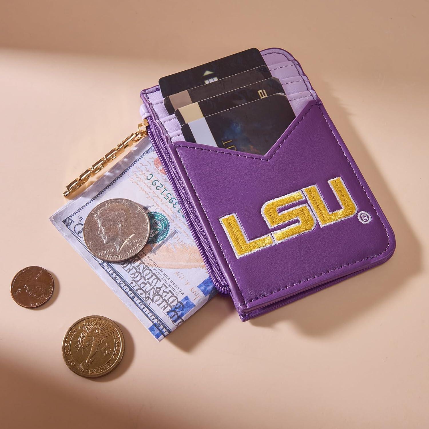 imageNCAA Licensed Slim RFID Blocking Card Holder Official Arkansas Razorbacks Slim Wallet with Keychain Leather Wallets Compact Comfortable Officially Licensed Stamped Logo Black NCAFU021BKLSUPurple