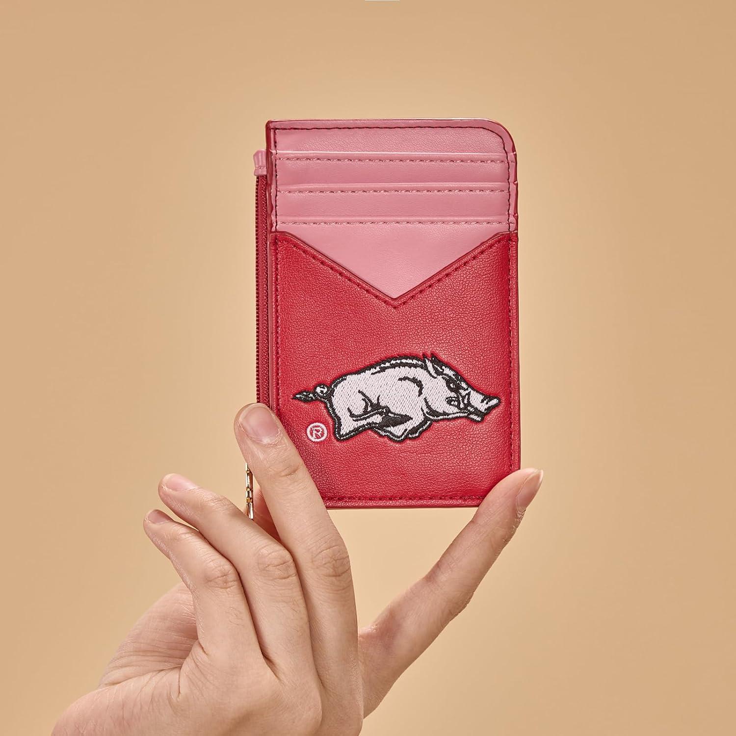 imageNCAA Licensed Slim RFID Blocking Card Holder Official Arkansas Razorbacks Slim Wallet with Keychain Leather Wallets Compact Comfortable Officially Licensed Stamped Logo Black NCAFU021BKAFURed