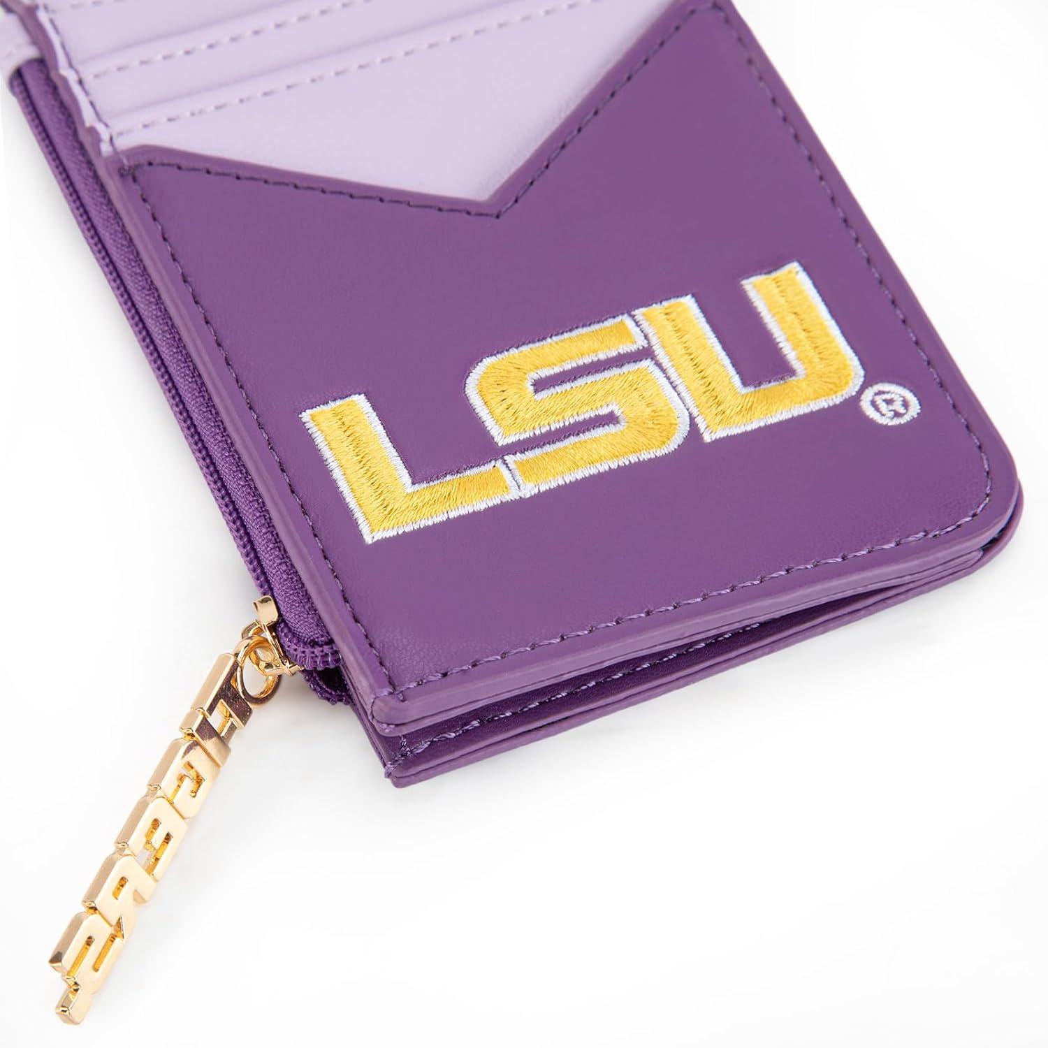 imageNCAA Licensed Slim RFID Blocking Card Holder Official Arkansas Razorbacks Slim Wallet with Keychain Leather Wallets Compact Comfortable Officially Licensed Stamped Logo Black NCAFU021BKLSUPurple