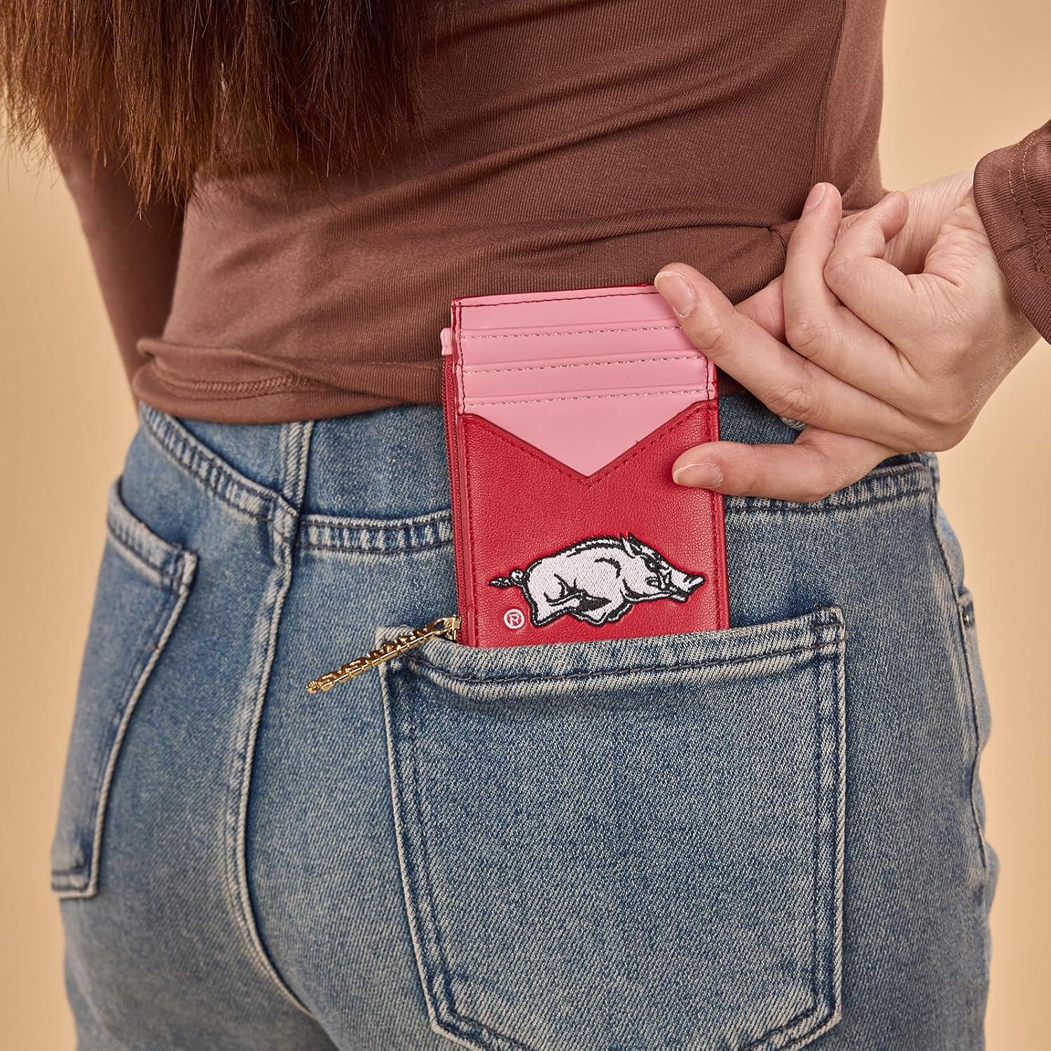 imageNCAA Licensed Slim RFID Blocking Card Holder Official Arkansas Razorbacks Slim Wallet with Keychain Leather Wallets Compact Comfortable Officially Licensed Stamped Logo Black NCAFU021BKAFURed