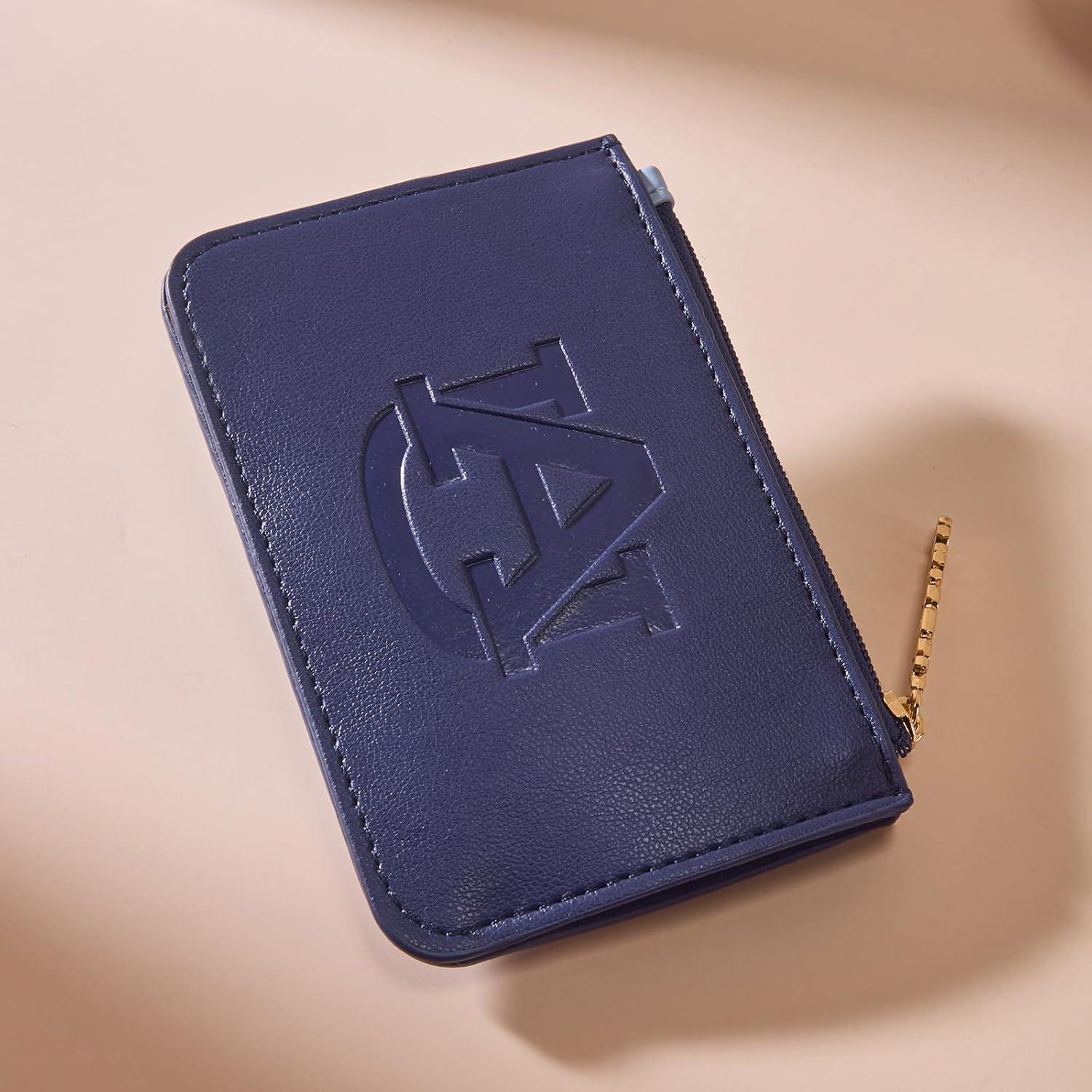 imageNCAA Licensed Slim RFID Blocking Card Holder Official Arkansas Razorbacks Slim Wallet with Keychain Leather Wallets Compact Comfortable Officially Licensed Stamped Logo Black NCAFU021BKAUNavy Blue