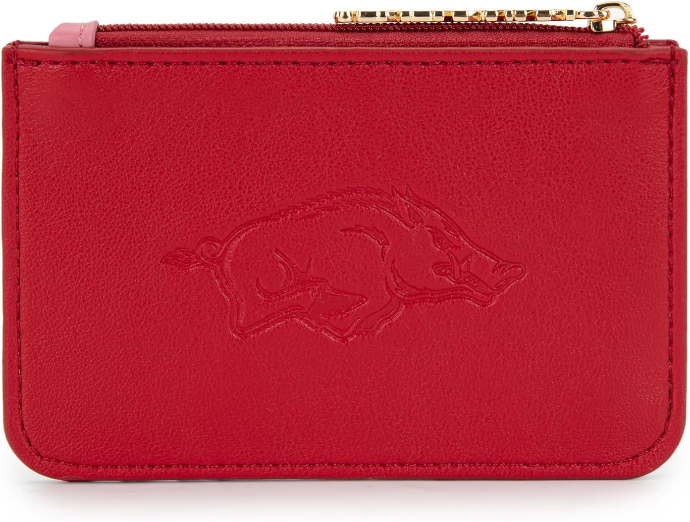 imageNCAA Licensed Slim RFID Blocking Card Holder Official Arkansas Razorbacks Slim Wallet with Keychain Leather Wallets Compact Comfortable Officially Licensed Stamped Logo Black NCAFU021BKAFURed