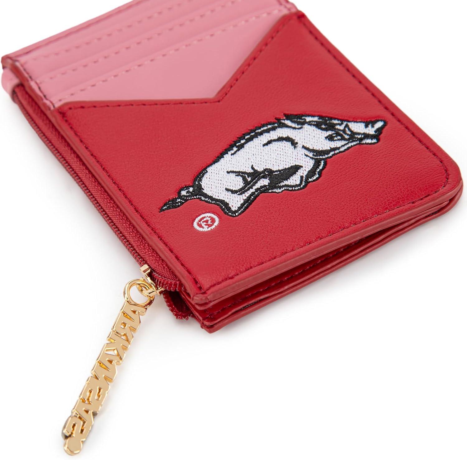 imageNCAA Licensed Slim RFID Blocking Card Holder Official Arkansas Razorbacks Slim Wallet with Keychain Leather Wallets Compact Comfortable Officially Licensed Stamped Logo Black NCAFU021BKAFURed