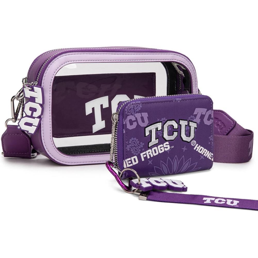 imageMontana West Horned Frogs Clear Bag for Stadium Events Handbags for Sports FansZip Small Wallet with Wristlet Strap Bundle