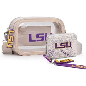 LSU Tigers Clear Crossbag for Stadium Events Clear Purse with Removable Strap for Concerts+Zip Small Wallet Bundle