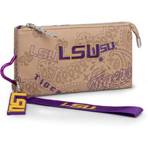 NCAA Zip Organizer Wallet for Women, ARK-F Team Color Purse with RFID Soft Leather Card Holder Wallet, Personalized Graduation Gift for Fan, Daughter, Sorority, and Alumni | Burgundy, NC-AFU013BDY(LSU-Khaki)