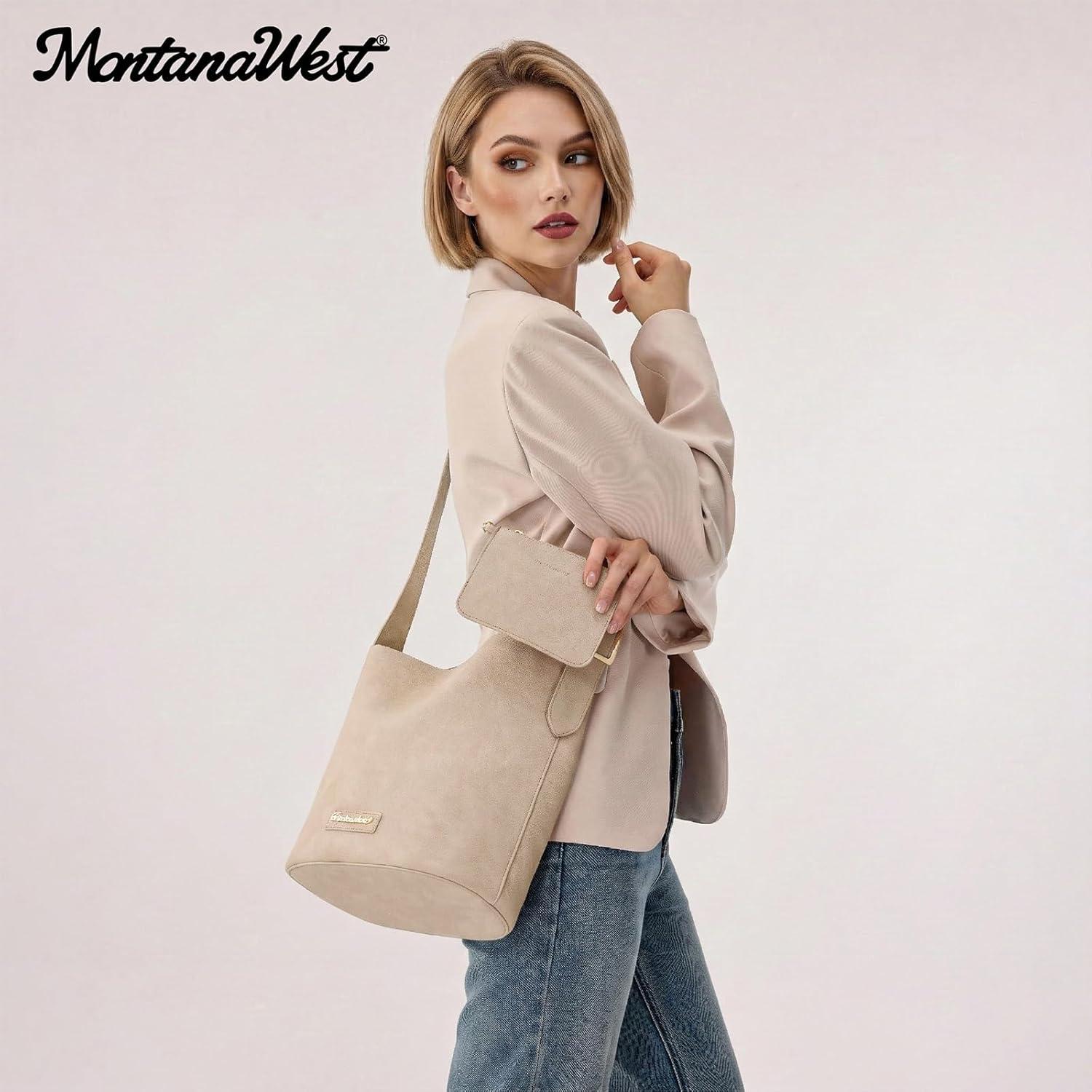 imageMontana West Medium Hobo Shoulder Bag for Women 2PCS Slouchy Crossbody Purse with Zipper Pouch Casual Bucket HandbagBeige