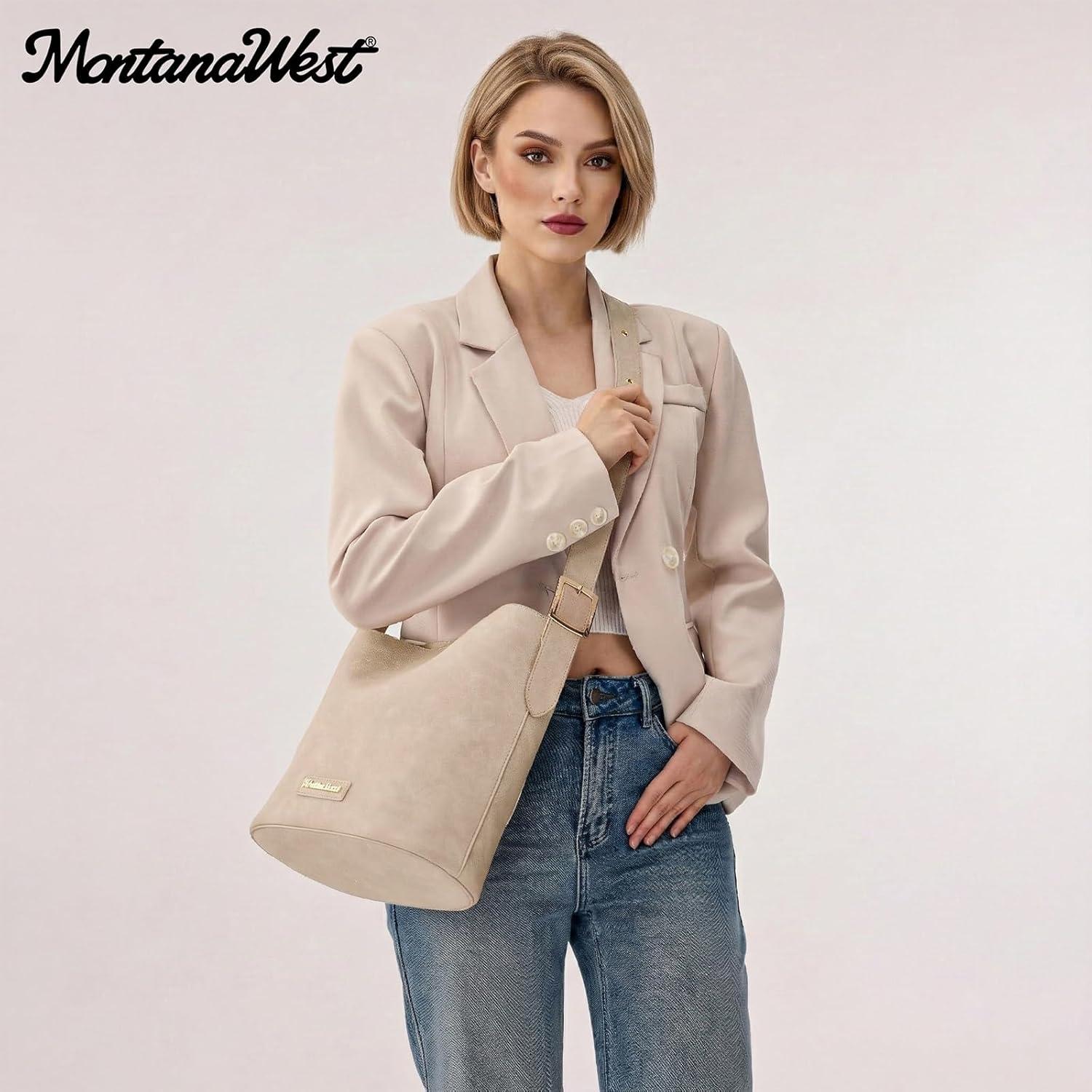 imageMontana West Medium Hobo Shoulder Bag for Women 2PCS Slouchy Crossbody Purse with Zipper Pouch Casual Bucket HandbagBeige