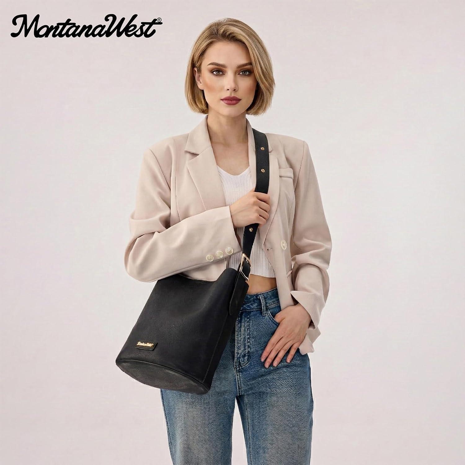 imageMontana West Medium Hobo Shoulder Bag for Women 2PCS Slouchy Crossbody Purse with Zipper Pouch Casual Bucket HandbagBlack