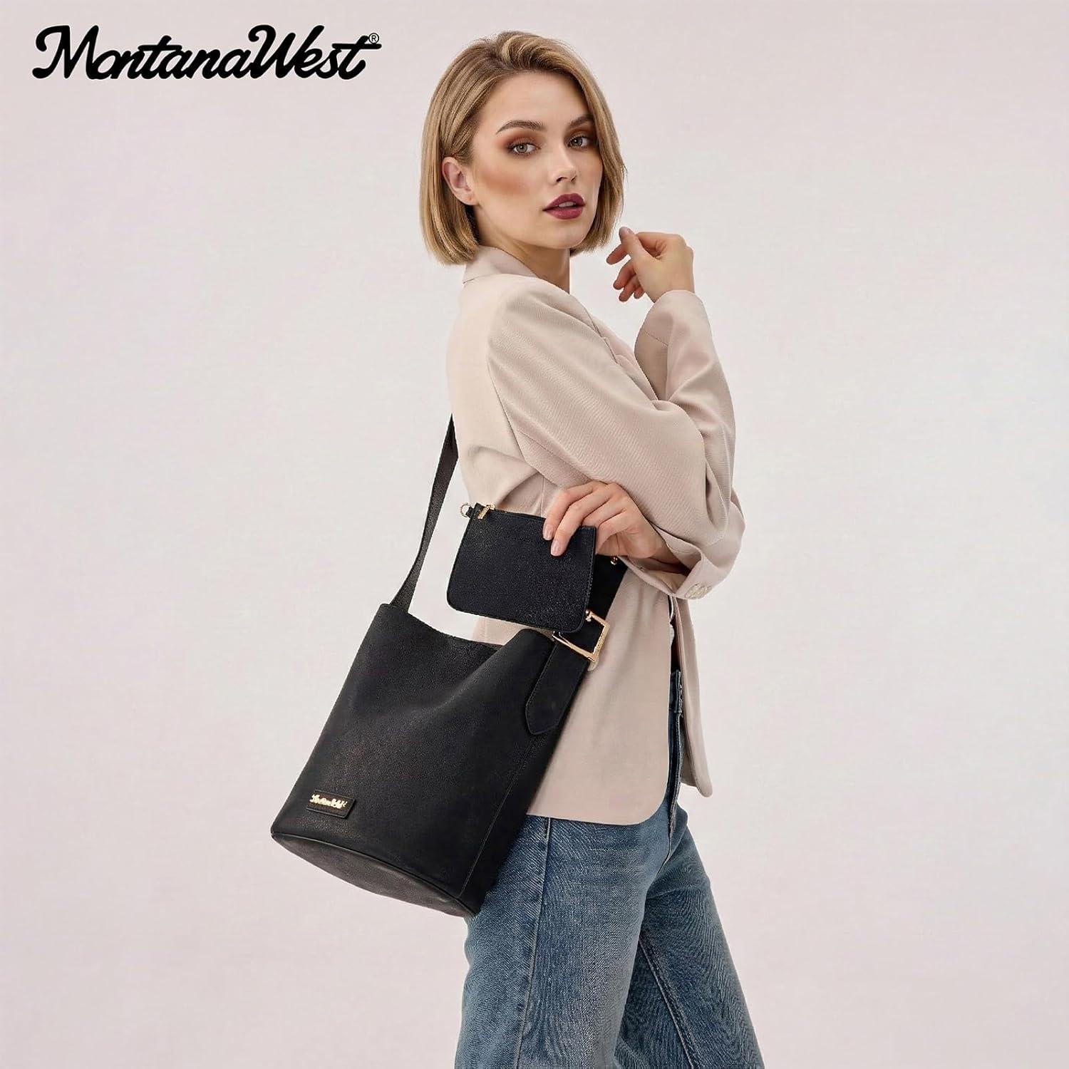imageMontana West Medium Hobo Shoulder Bag for Women 2PCS Slouchy Crossbody Purse with Zipper Pouch Casual Bucket HandbagBlack