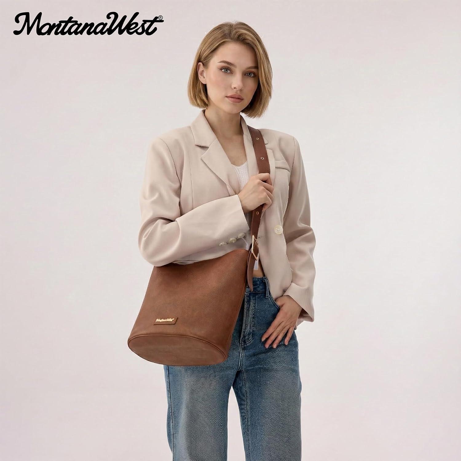 imageMontana West Medium Hobo Shoulder Bag for Women 2PCS Slouchy Crossbody Purse with Zipper Pouch Casual Bucket HandbagBrown