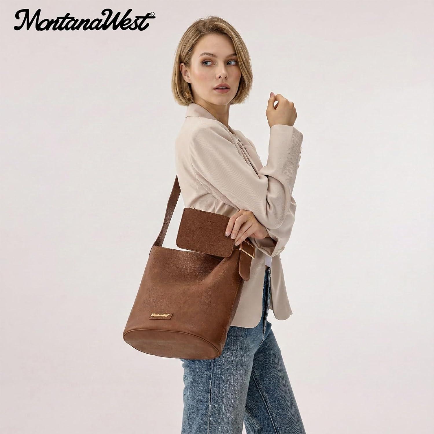 imageMontana West Medium Hobo Shoulder Bag for Women 2PCS Slouchy Crossbody Purse with Zipper Pouch Casual Bucket HandbagBrown