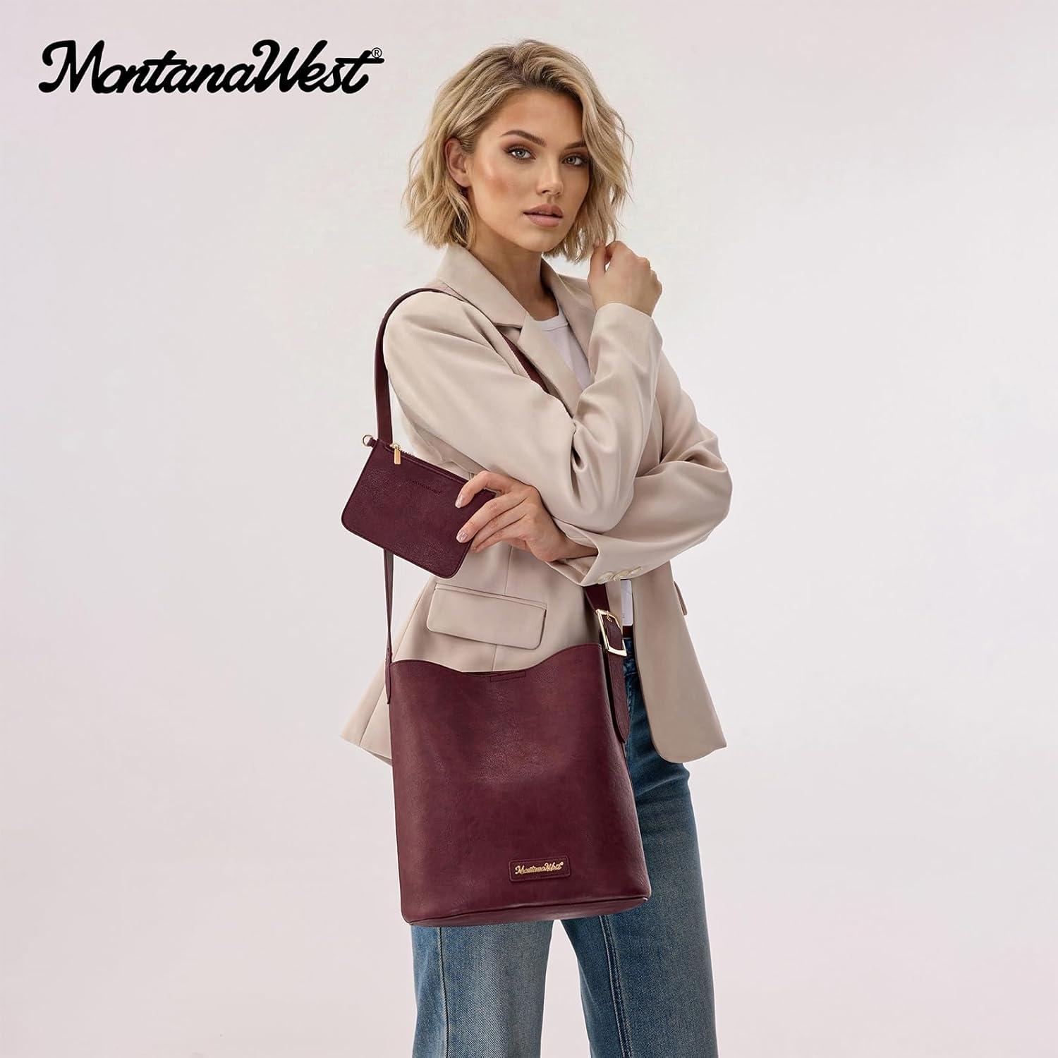 imageMontana West Medium Hobo Shoulder Bag for Women 2PCS Slouchy Crossbody Purse with Zipper Pouch Casual Bucket HandbagBurgundy