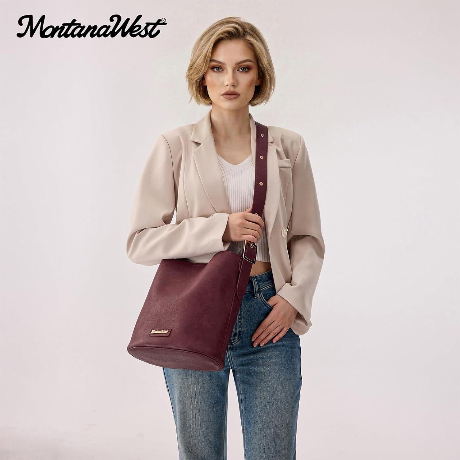 imageMontana West Medium Hobo Shoulder Bag for Women 2PCS Slouchy Crossbody Purse with Zipper Pouch Casual Bucket HandbagBurgundy