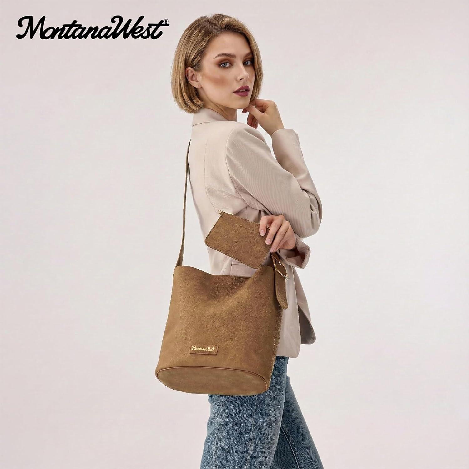 imageMontana West Medium Hobo Shoulder Bag for Women 2PCS Slouchy Crossbody Purse with Zipper Pouch Casual Bucket HandbagCamel