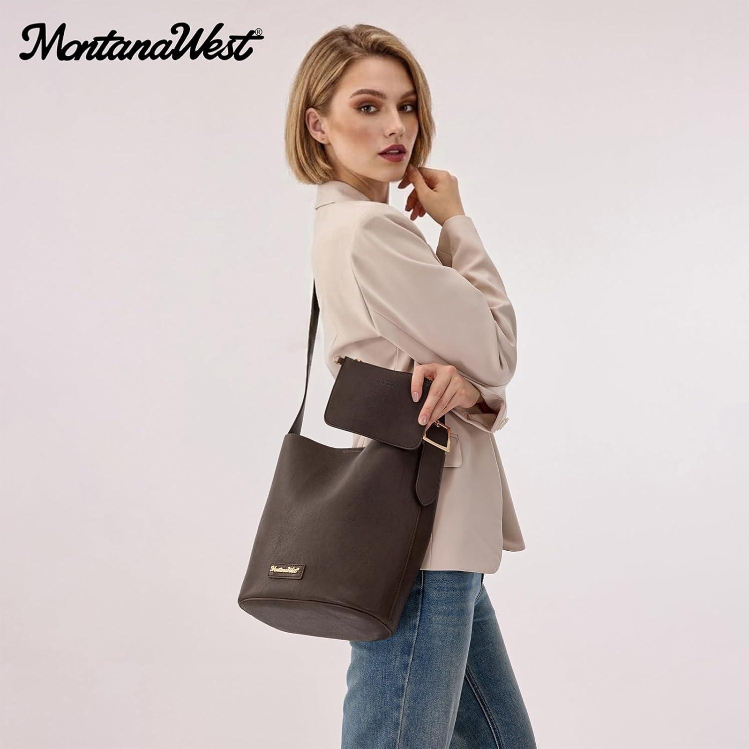 imageMontana West Medium Hobo Shoulder Bag for Women 2PCS Slouchy Crossbody Purse with Zipper Pouch Casual Bucket HandbagChocolate