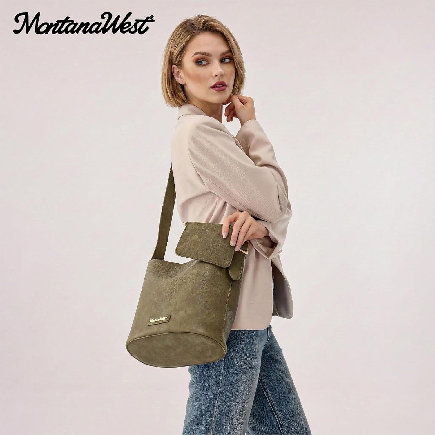 imageMontana West Medium Hobo Shoulder Bag for Women 2PCS Slouchy Crossbody Purse with Zipper Pouch Casual Bucket HandbagOlive