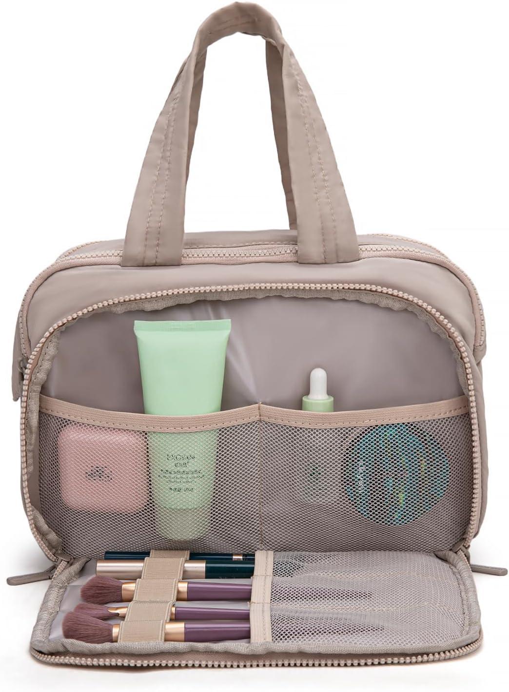 imageMontana West Travel Toiletry Bag Large Capacity Travel Bags Soft Makeup Organizer Lightweight Puffy Cosmetic Bag with Waterproof CompartmentKhaki