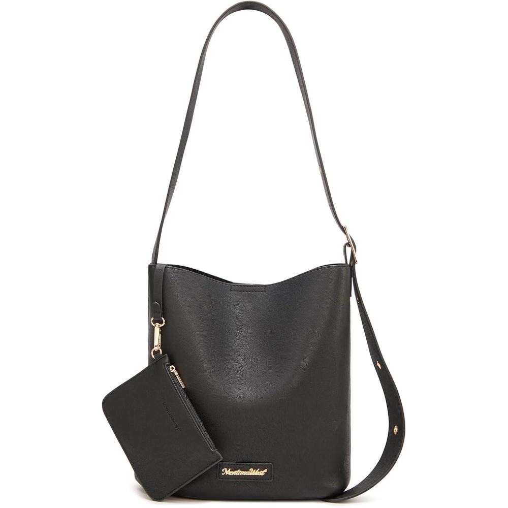 imageMontana West Medium Hobo Shoulder Bag for Women 2PCS Slouchy Crossbody Purse with Zipper Pouch Casual Bucket HandbagBlack