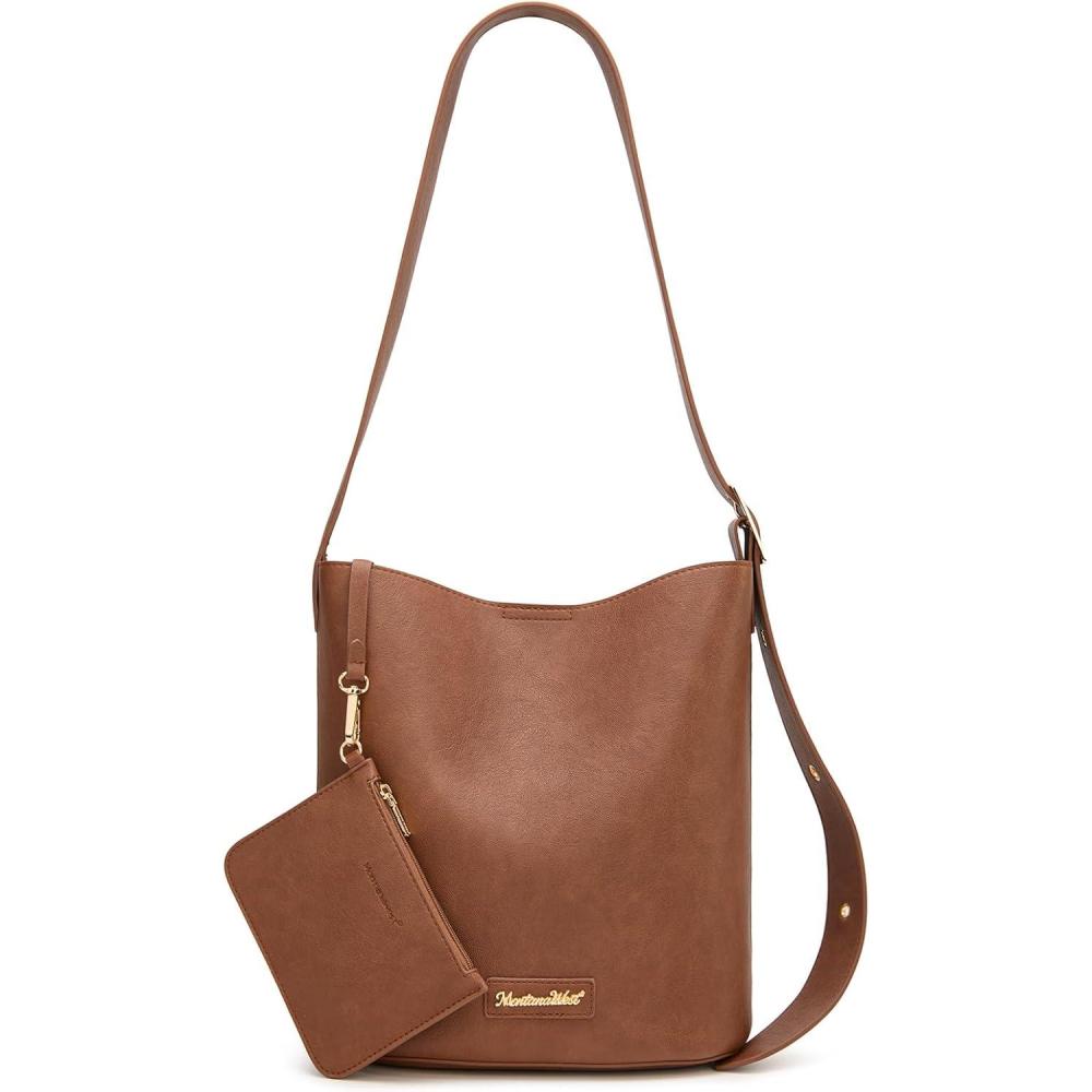 imageMontana West Medium Hobo Shoulder Bag for Women 2PCS Slouchy Crossbody Purse with Zipper Pouch Casual Bucket HandbagBrown