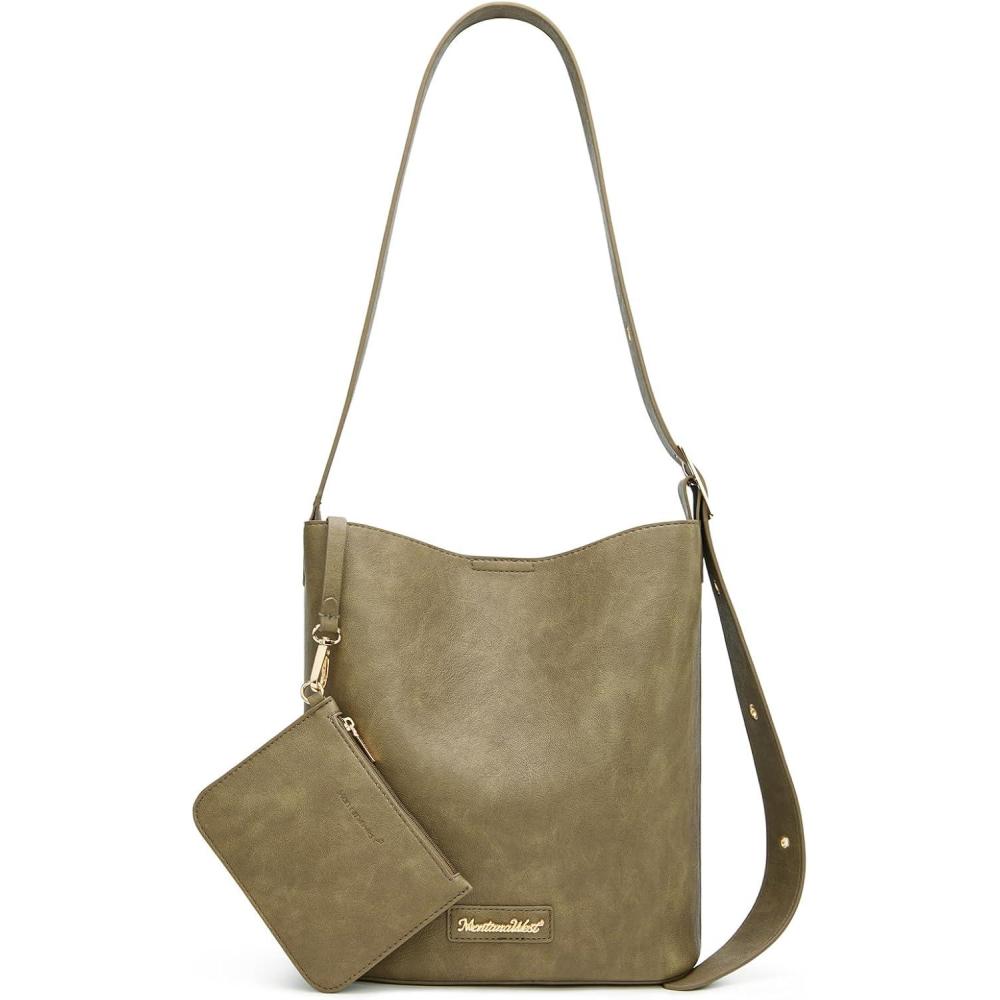 imageMontana West Medium Hobo Shoulder Bag for Women 2PCS Slouchy Crossbody Purse with Zipper Pouch Casual Bucket HandbagOlive