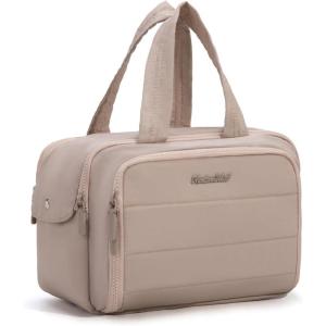 Montana West Travel Toiletry Bag Large Capacity Travel Bags Soft Makeup Organizer Lightweight Puffy Cosmetic Bag with Waterproof Compartment(Khaki)