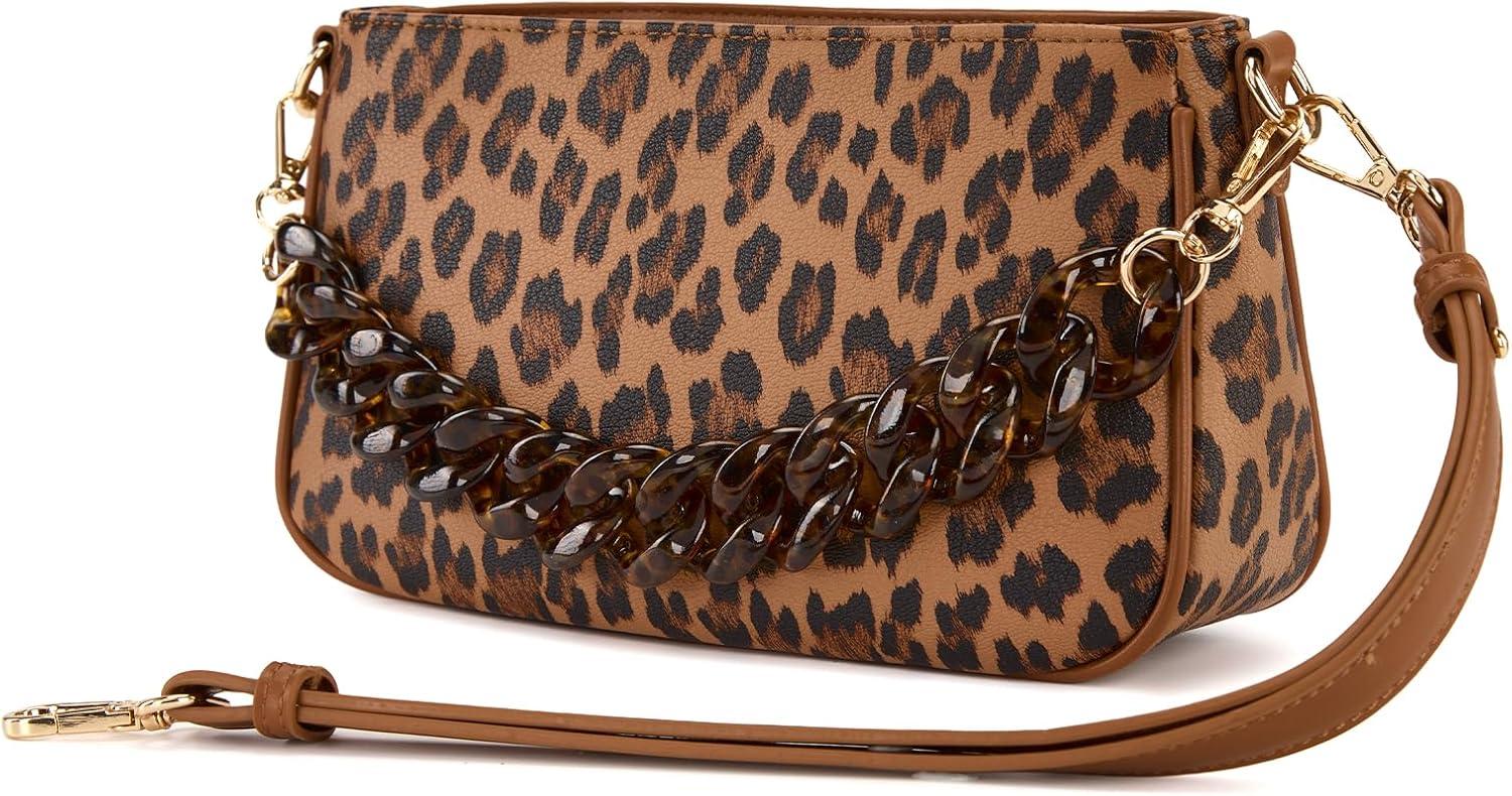 imageWrangler Small Womens Shoulder Bag Retro Cheetah Clutch Purse with Acrylic ChainLeopard Brown