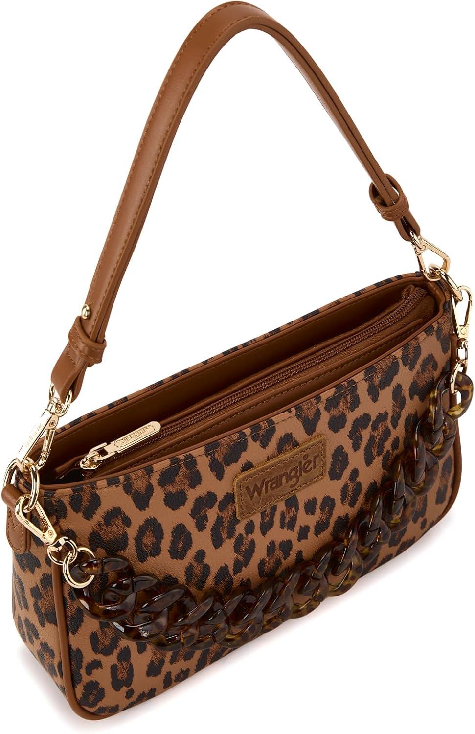 imageWrangler Small Womens Shoulder Bag Retro Cheetah Clutch Purse with Acrylic ChainLeopard Brown