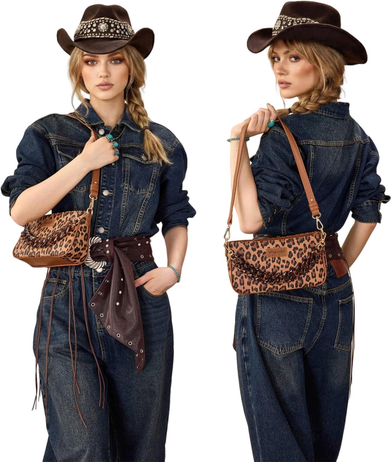 imageWrangler Small Womens Shoulder Bag Retro Cheetah Clutch Purse with Acrylic ChainLeopard Brown