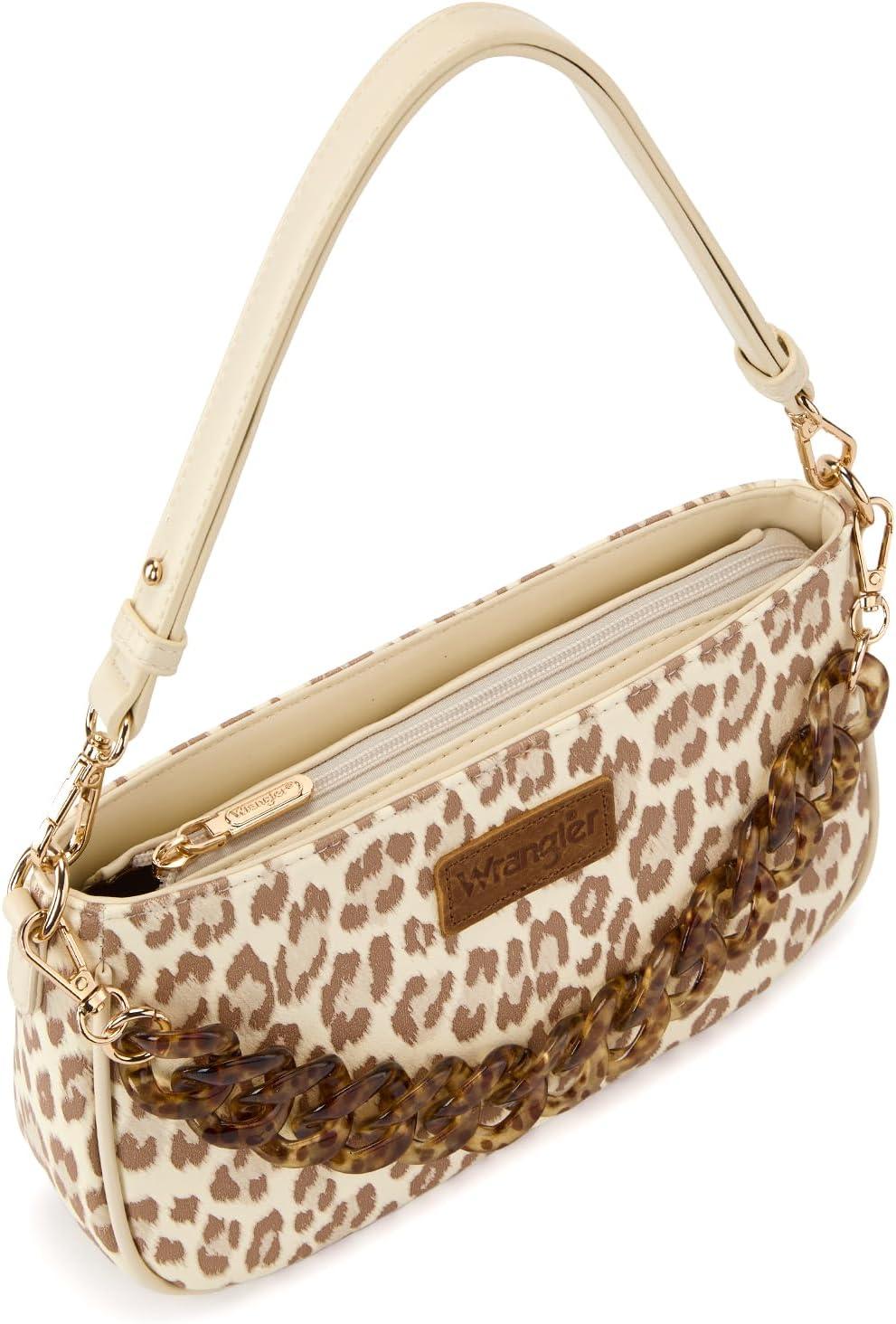 imageWrangler Small Womens Shoulder Bag Retro Cheetah Clutch Purse with Acrylic ChainLeopard Tan