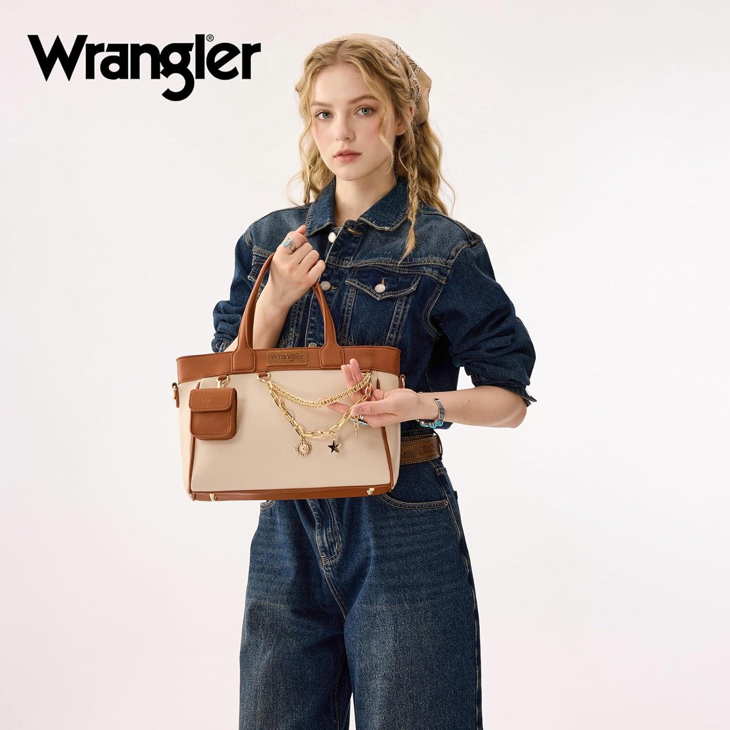 imageMontana West Wrangler Medium Tote Bag Purse for Women with Handbag Charm and Detachable Mini PouchBrown