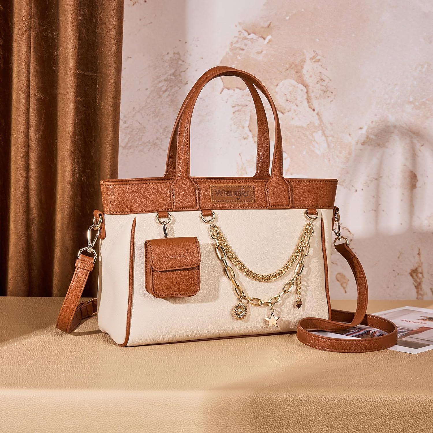 imageMontana West Wrangler Medium Tote Bag Purse for Women with Handbag Charm and Detachable Mini PouchBrown