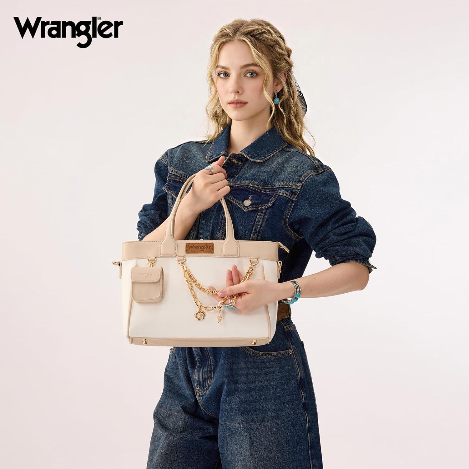 imageMontana West Wrangler Medium Tote Bag Purse for Women with Handbag Charm and Detachable Mini PouchWhite