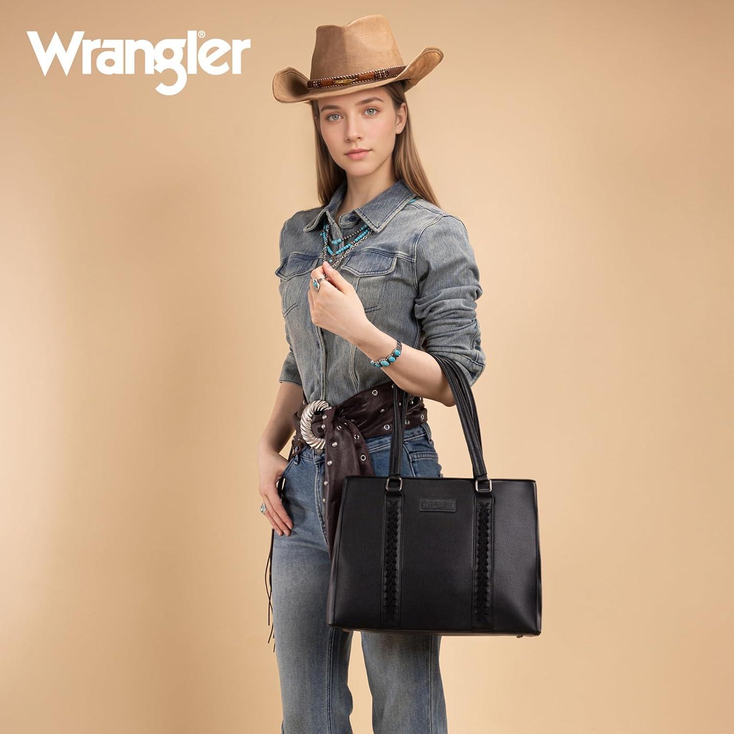 imageMontana West Wrangler Tote Bag for Women Double Compartment PurseWhipstitch Handbag fit for 135 LaptopBlack