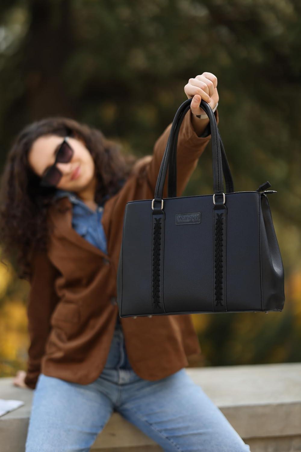 imageMontana West Wrangler Tote Bag for Women Double Compartment PurseWhipstitch Handbag fit for 135 LaptopBlack