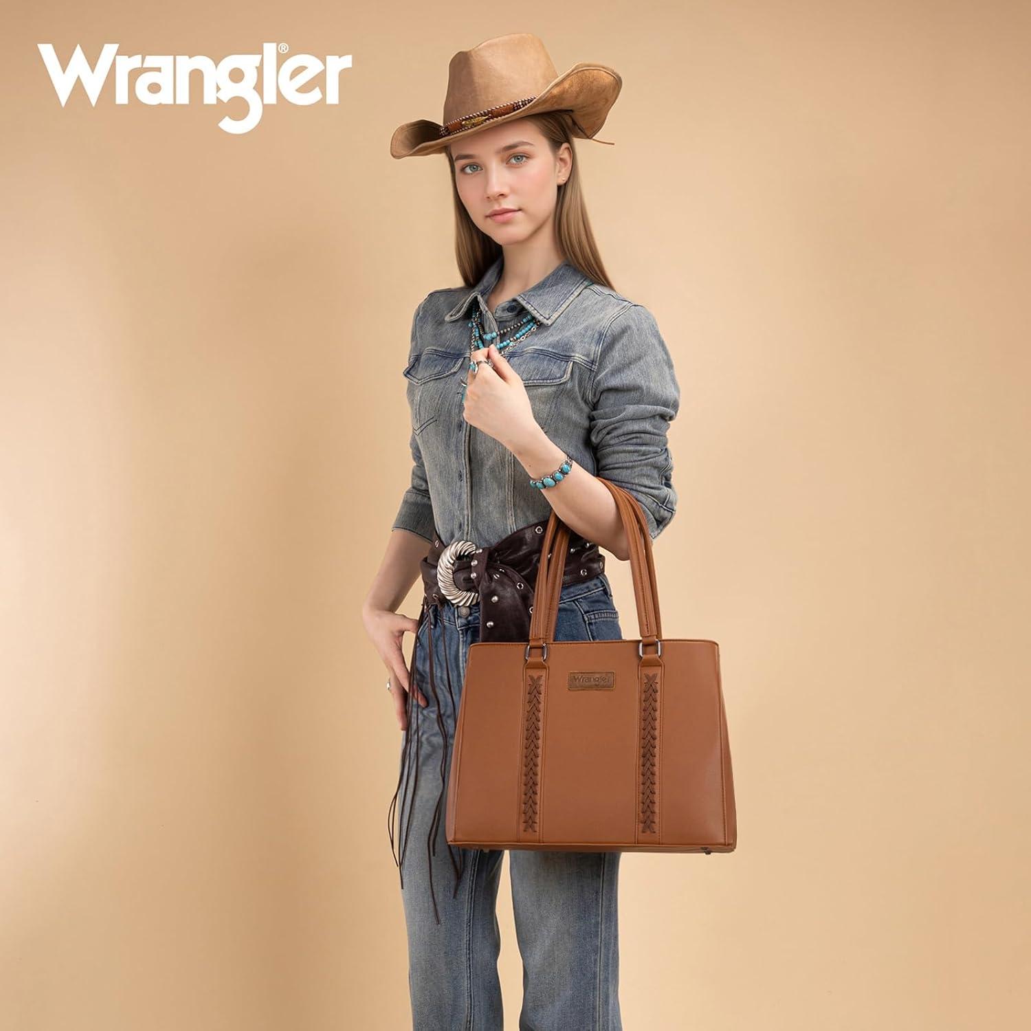 imageMontana West Wrangler Tote Bag for Women Double Compartment PurseWhipstitch Handbag fit for 135 LaptopBrown
