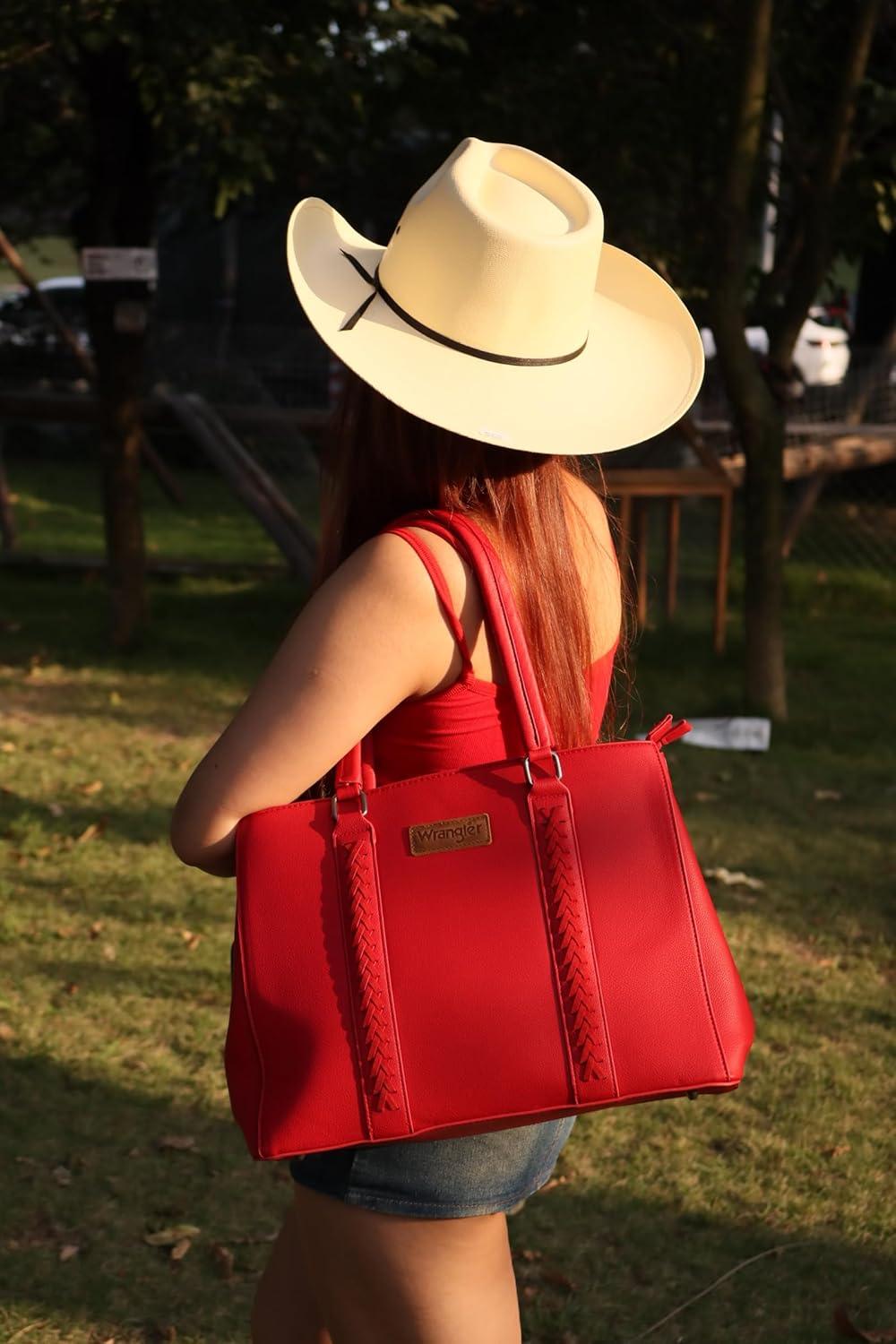 imageMontana West Wrangler Tote Bag for Women Double Compartment PurseWhipstitch Handbag fit for 135 LaptopBrugundy