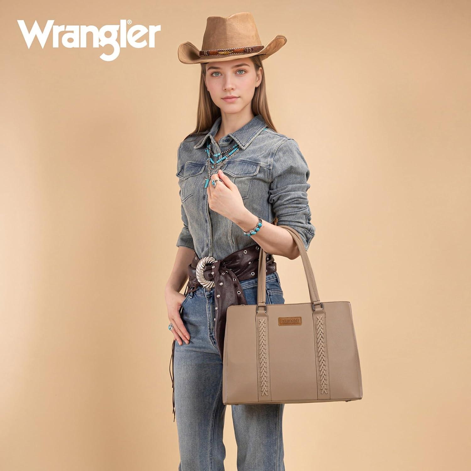 imageMontana West Wrangler Tote Bag for Women Double Compartment PurseWhipstitch Handbag fit for 135 LaptopKhaki