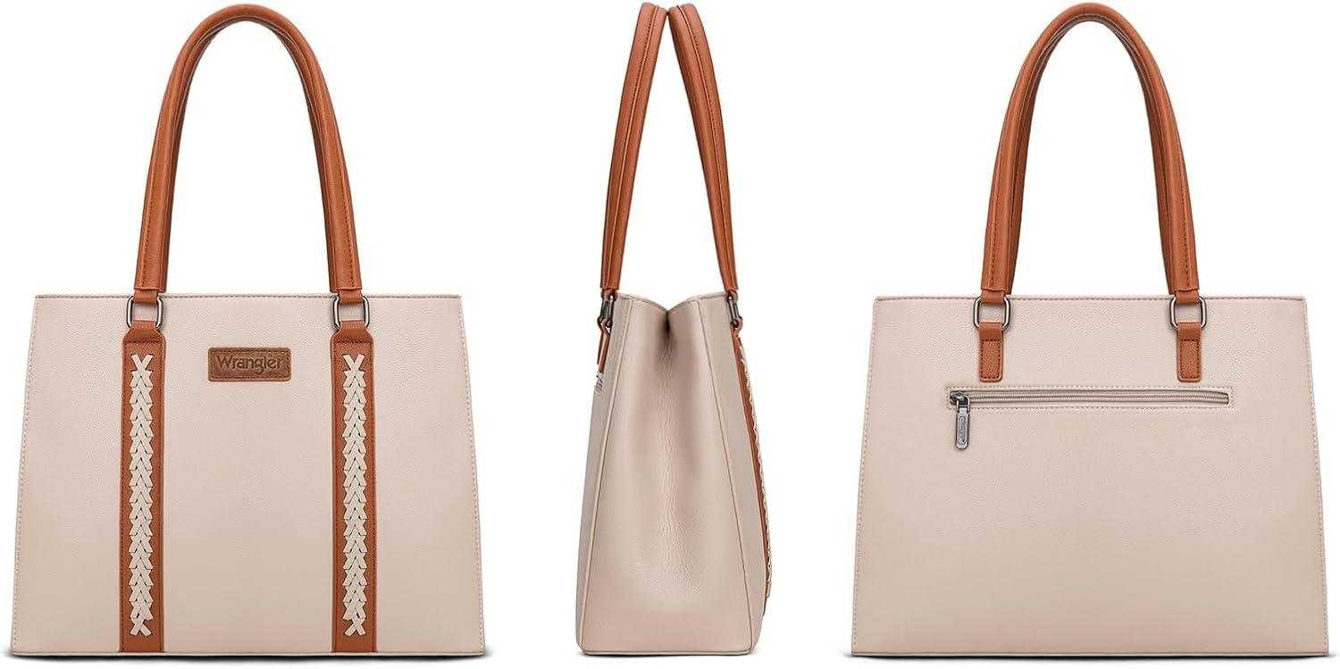 imageMontana West Wrangler Tote Bag for Women Double Compartment PurseWhipstitch Handbag fit for 135 LaptopTan