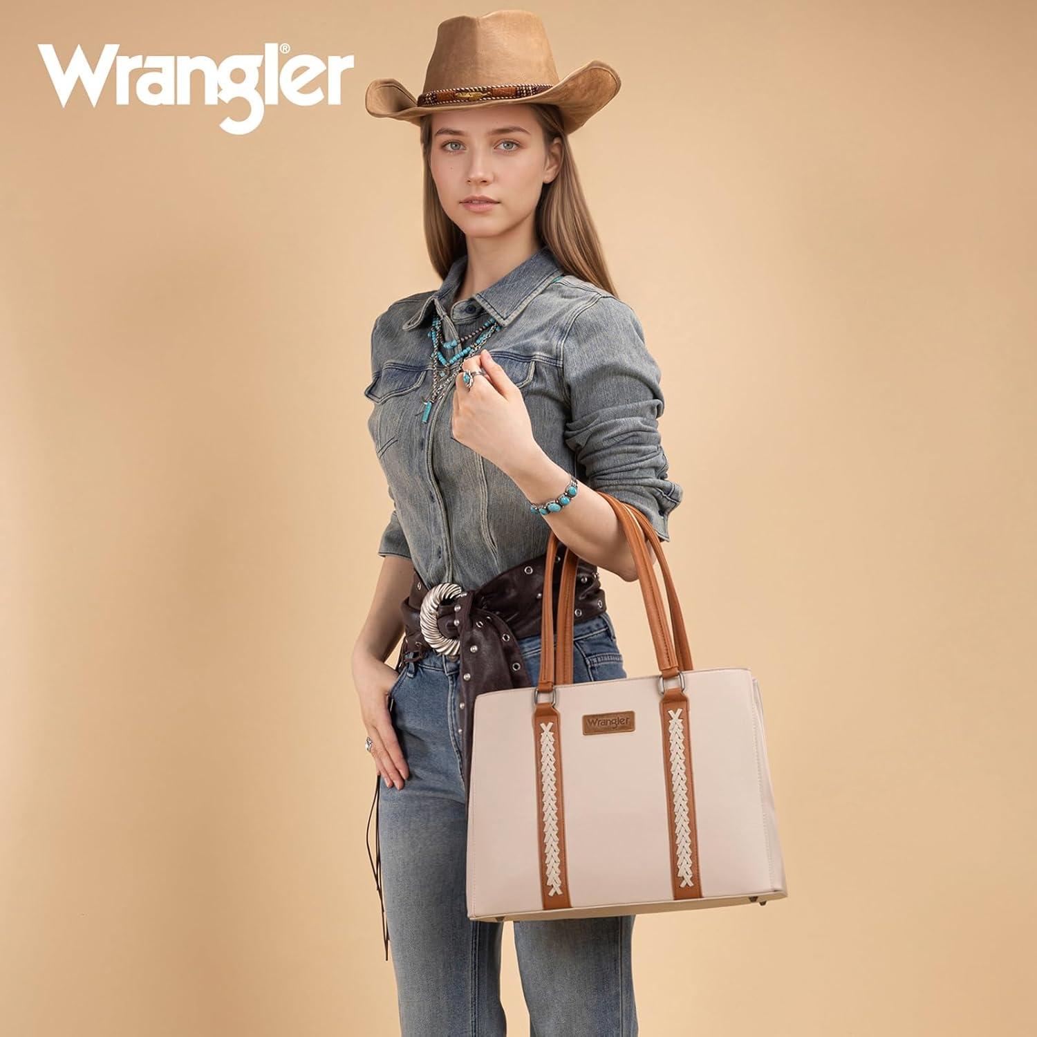 imageMontana West Wrangler Tote Bag for Women Double Compartment PurseWhipstitch Handbag fit for 135 LaptopTan