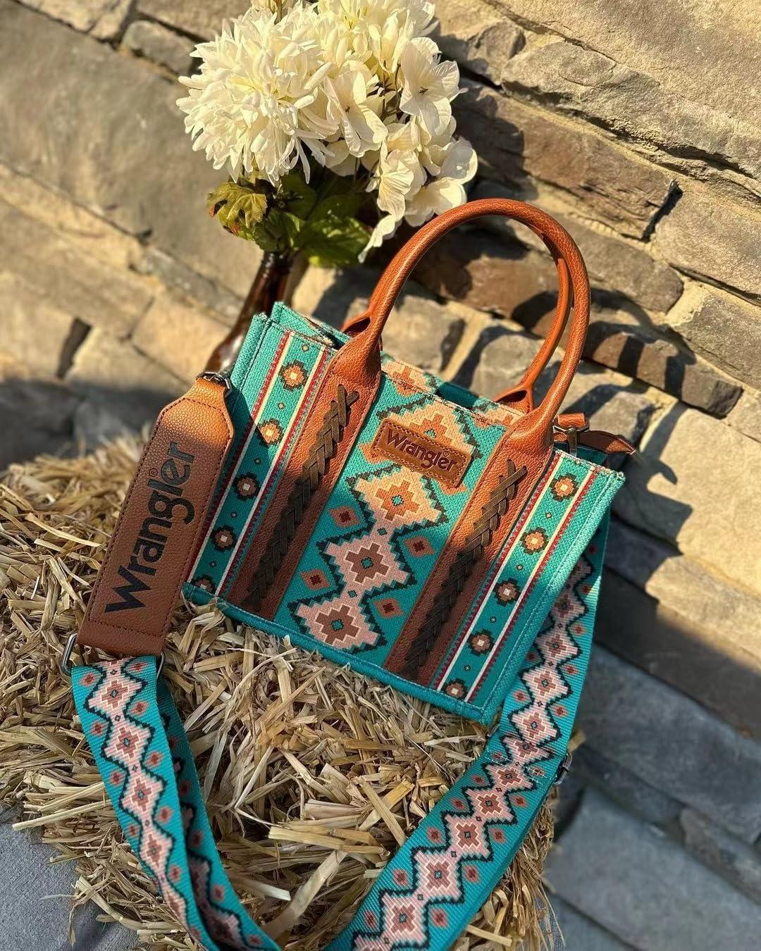 imageWrangler Aztec Tote Bag for Women Boho Shoulder Purses and Western Handbags Boho WesternElegant Turquoiseguitar Strap M