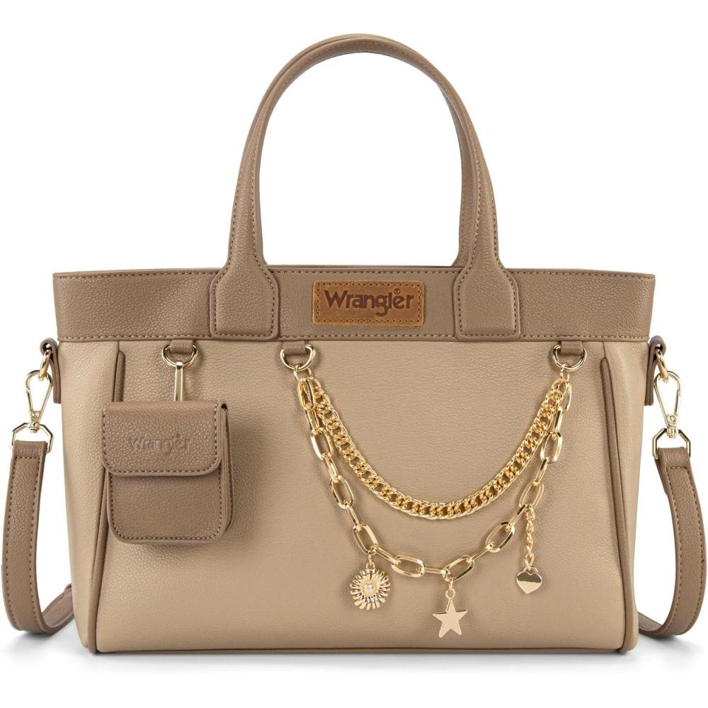 imageMontana West Wrangler Medium Tote Bag Purse for Women with Handbag Charm and Detachable Mini PouchKhaki
