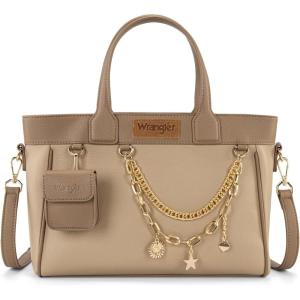 Montana West Wrangler Medium Tote Bag Purse for Women with Handbag Charm and Detachable Mini Pouch(Khaki)