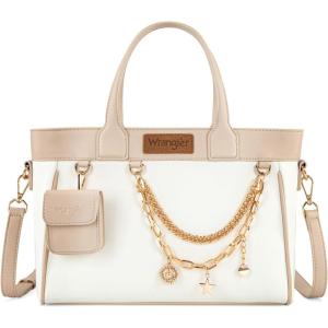 Montana West Wrangler Medium Tote Bag Purse for Women with Handbag Charm and Detachable Mini Pouch(White)