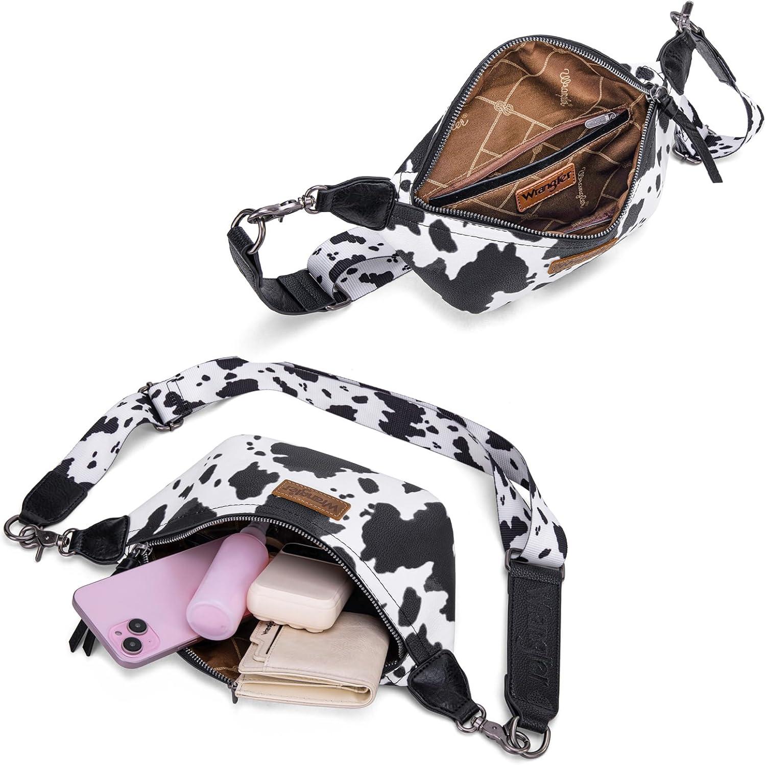 imageWrangler Large Fanny Packs for Women Cow Print Belt Bag Crossbody Sling Purse with Adjustable Long StrapBlack