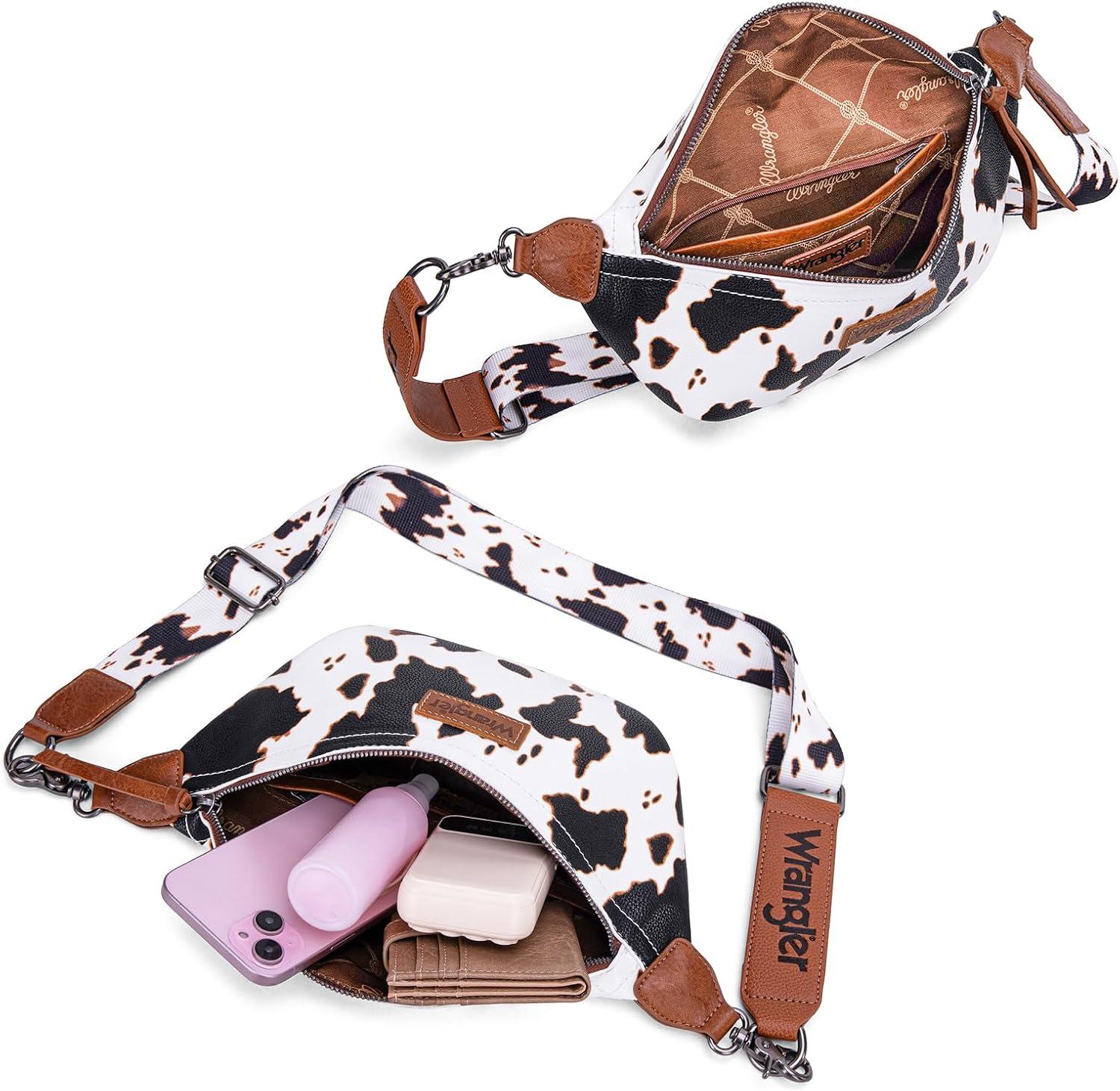 imageWrangler Large Fanny Packs for Women Cow Print Belt Bag Crossbody Sling Purse with Adjustable Long StrapBrown